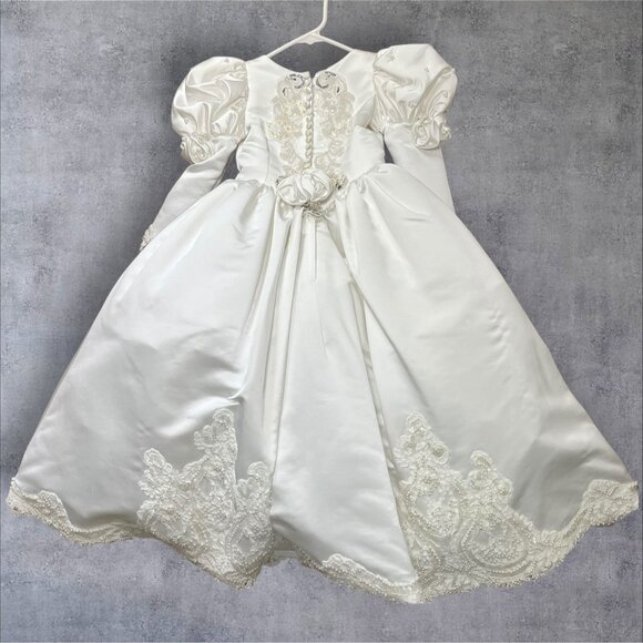 White Satin Girls Dress W/ Embroidered Lace & Beaded Wedding baptism - Picture 5 of 14